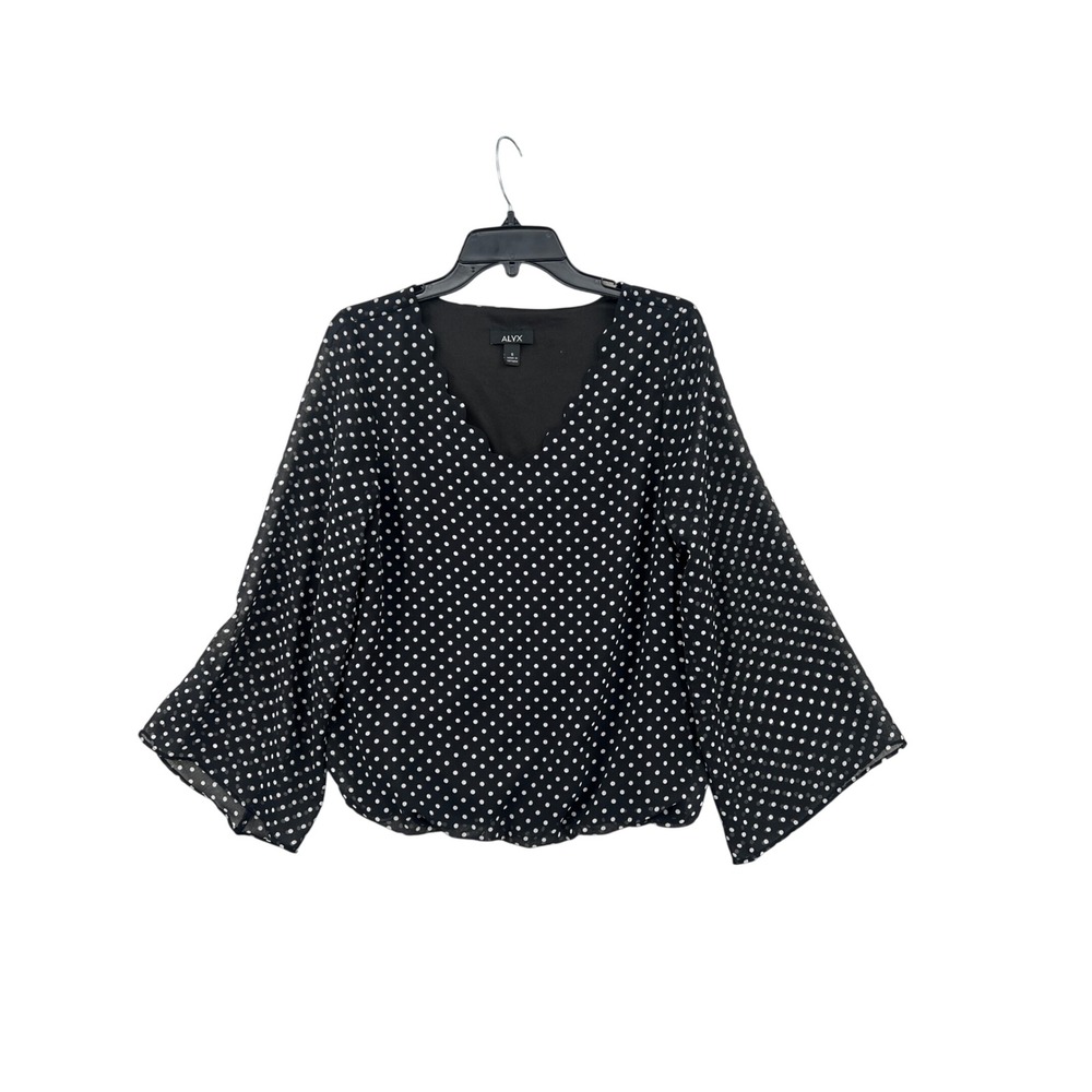 ALYX Retro Whimsical Polka Dot Blouse Womens S Black Bell Sleeve Bubble Hem Chic